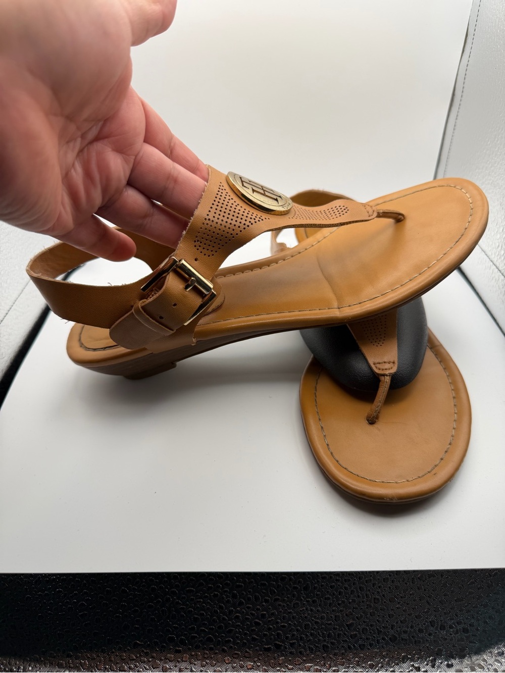 Women's Tan Leather Thong Sandals with Gold Logo Accent